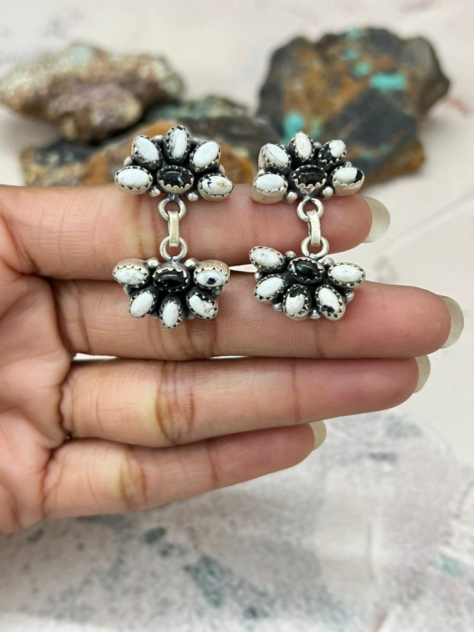 Handmade Sterling Silver White Buffalo Post Earrings "Signed Nizhoni" Nizhoni Traders LLC