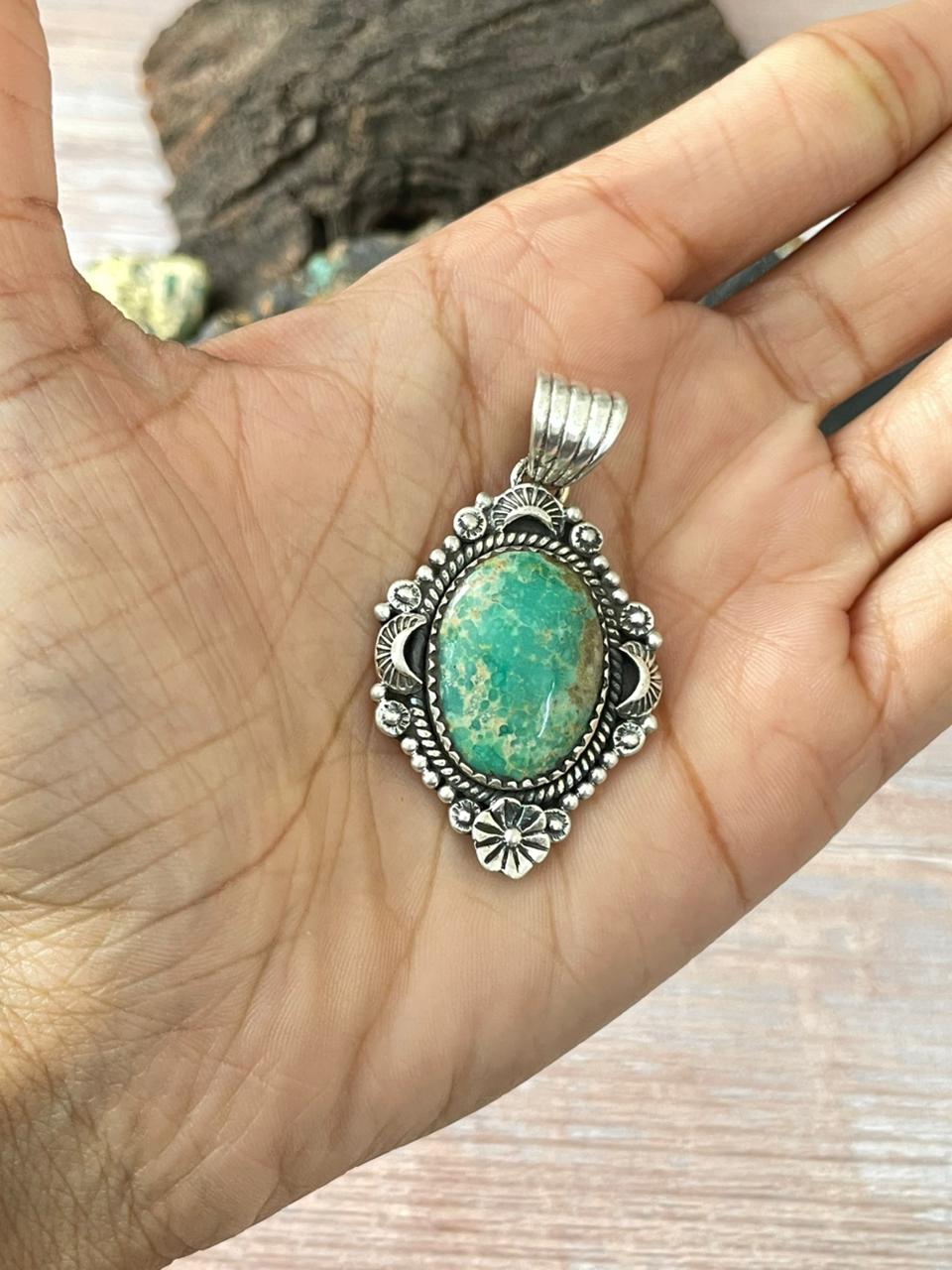 Handmade Sterling Silver Mantis Turquoise Pendant " Signed Nizhoni" Nizhoni Traders LLC