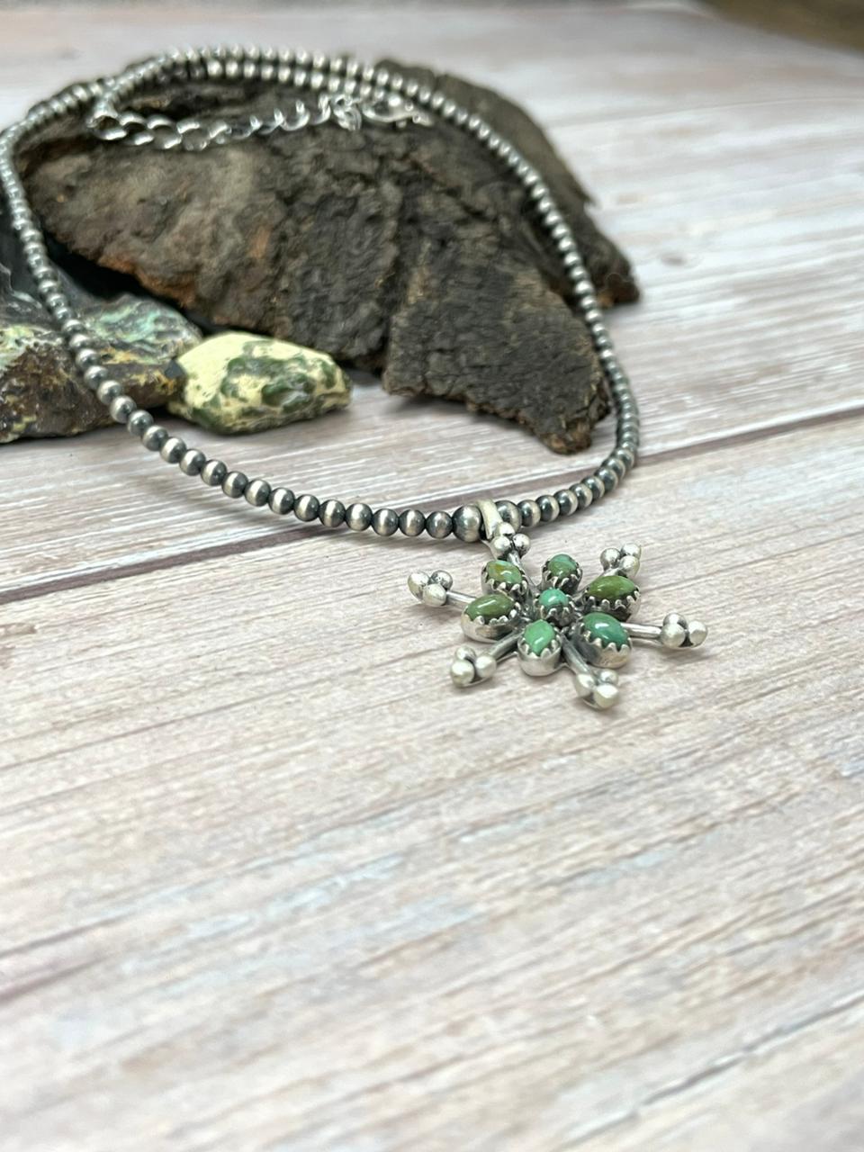 Handmade Sterling Silver Kingman Turquoise Beaded Necklace "Signed Nizhoni" (9) Nizhoni Traders LLC