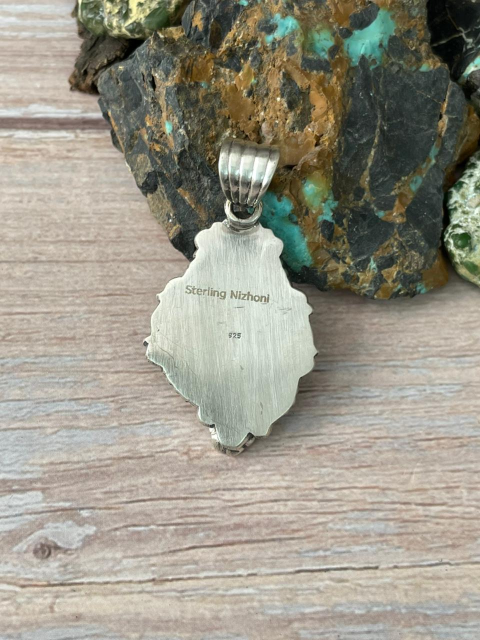 Handmade Sterling Silver Mantis Turquoise Pendant " Signed Nizhoni" Nizhoni Traders LLC