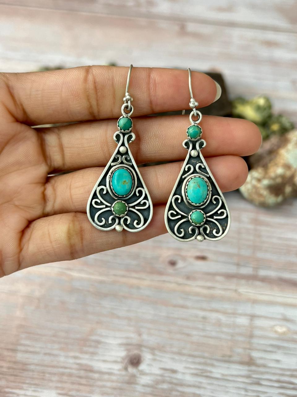 Handmade Sterling Silver Kingman Turquoise Hook Dangle Earrings with Signed Nizhoni Nizhoni Traders LLC
