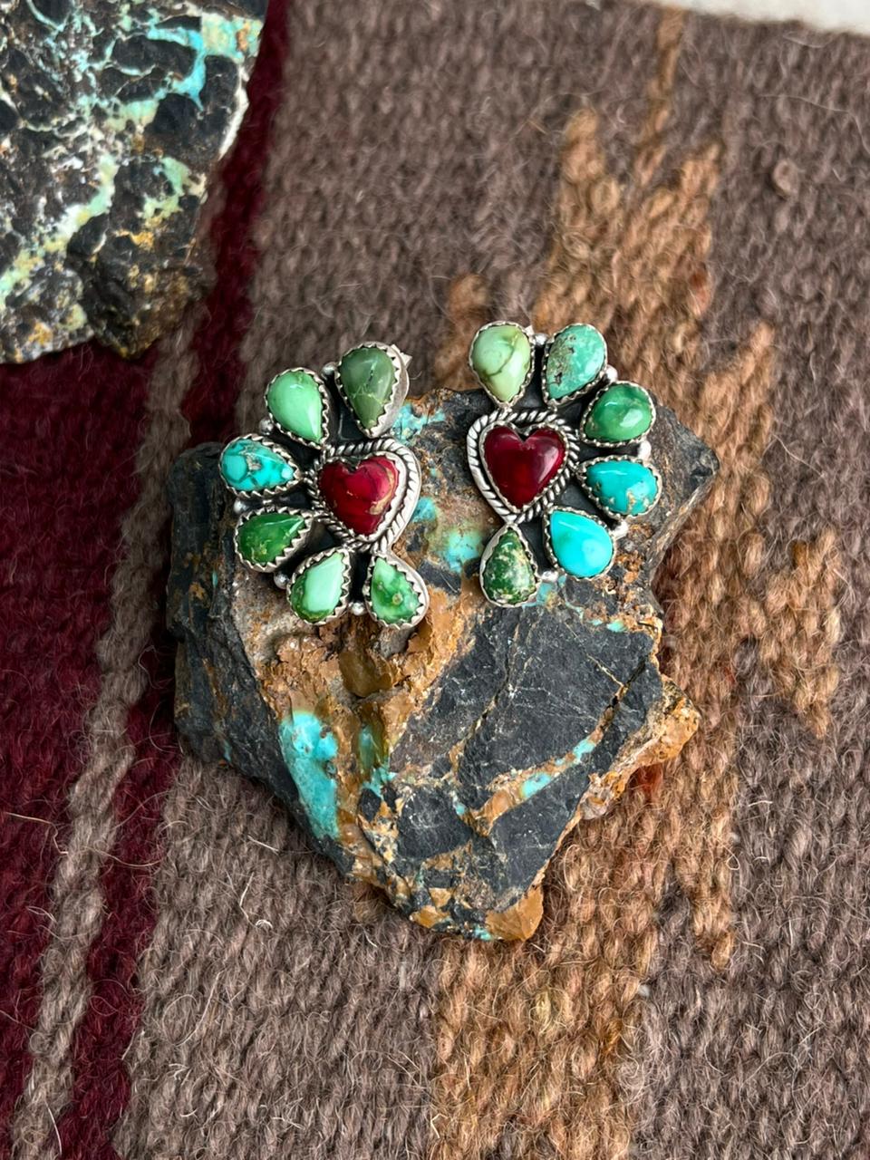Handmade Sterling Silver Dahlia Rose with Emerald Valley Turquoise Post Earrings "Signed Nizhoni" Nizhoni Traders LLC