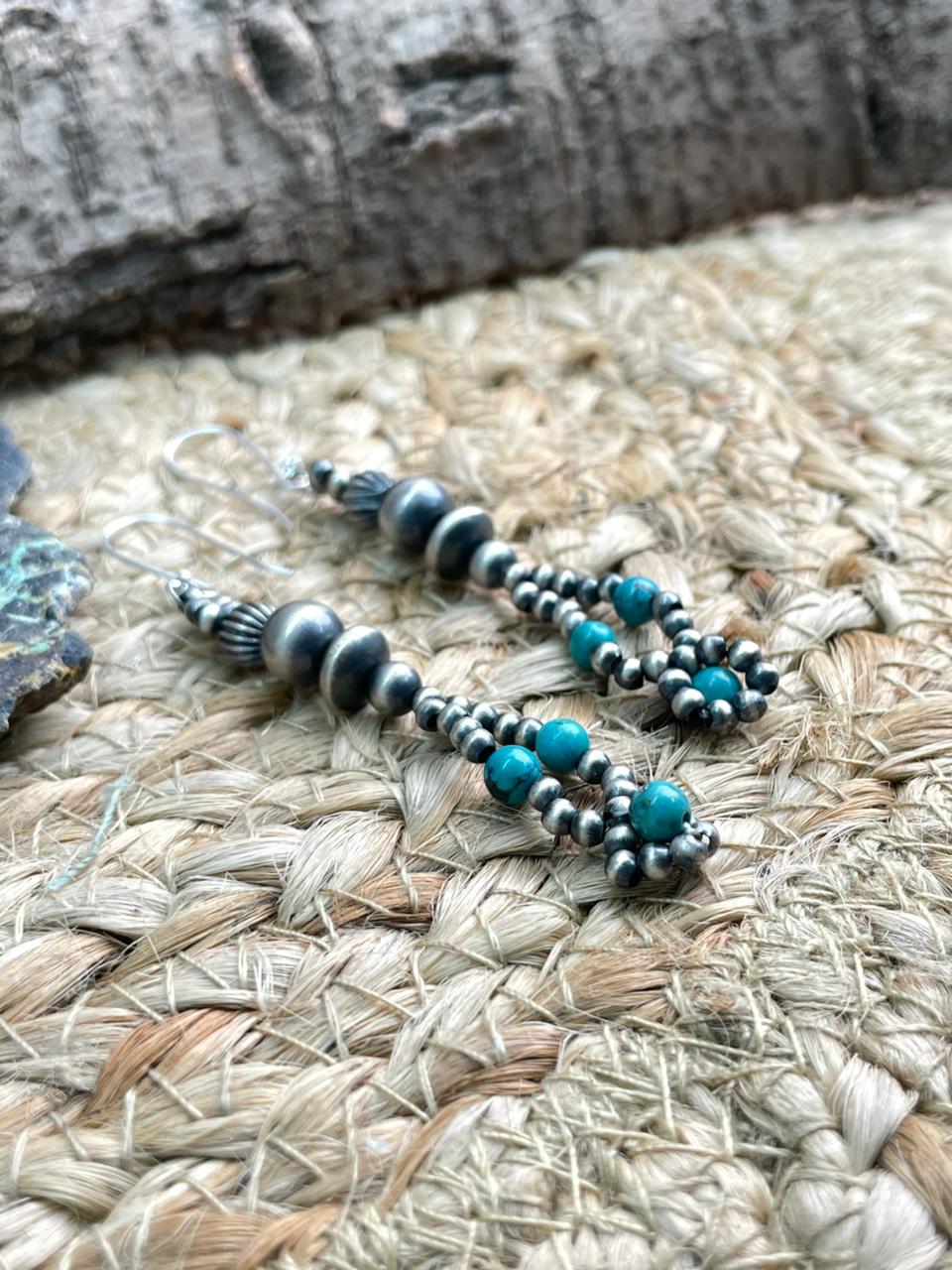 Handmade Sterling Silver Beaded Kingman Turquoise Hook Dangle Earrings Nizhoni Traders LLC