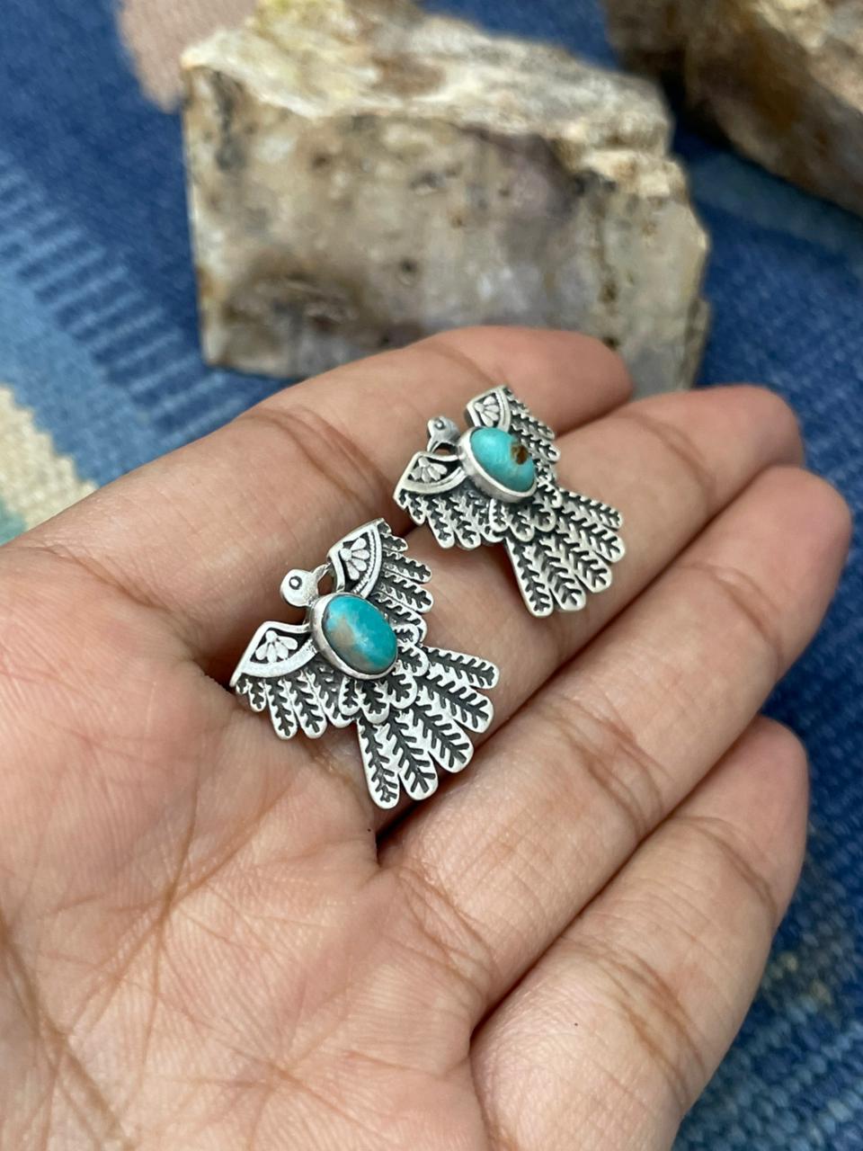 Handmade Sterling Silver Kingman Turquoise Thunder Bird Post Earrings "Signed Nizhoni" Nizhoni Traders LLC