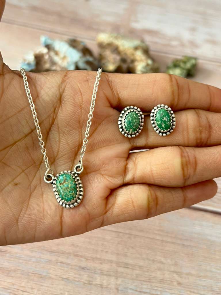 Handmade Sterling Silver Emerald Valley Turquoise Necklace Earrings Set with Signed Nizhoni (2) Nizhoni Traders LLC