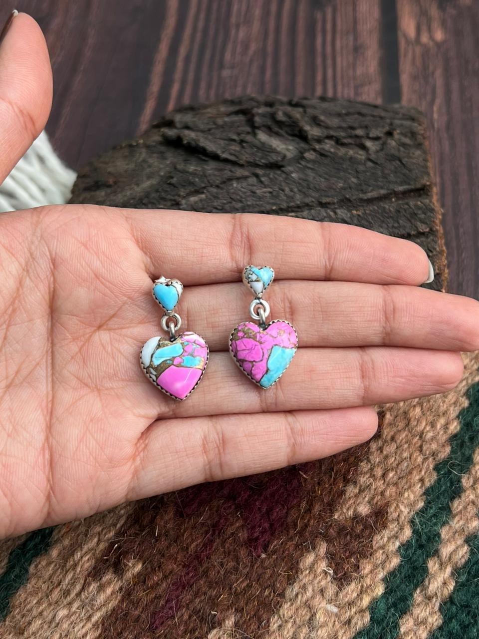 "Heart Collection" Handmade Sterling Silver Cotton Candy Post Dangle Earrings "Signed Nizhoni" Nizhoni Traders LLC