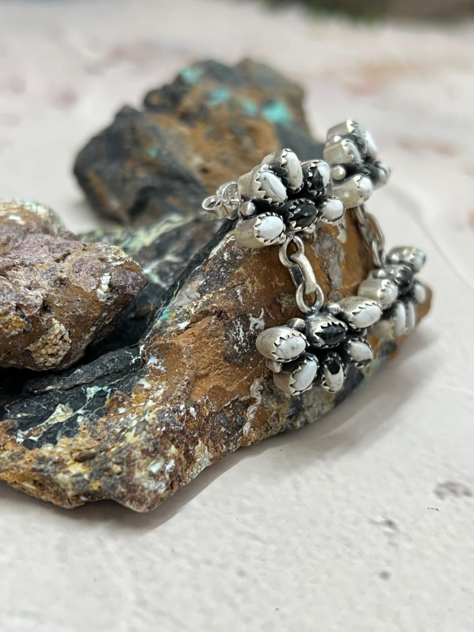 Handmade Sterling Silver White Buffalo Post Earrings "Signed Nizhoni" Nizhoni Traders LLC