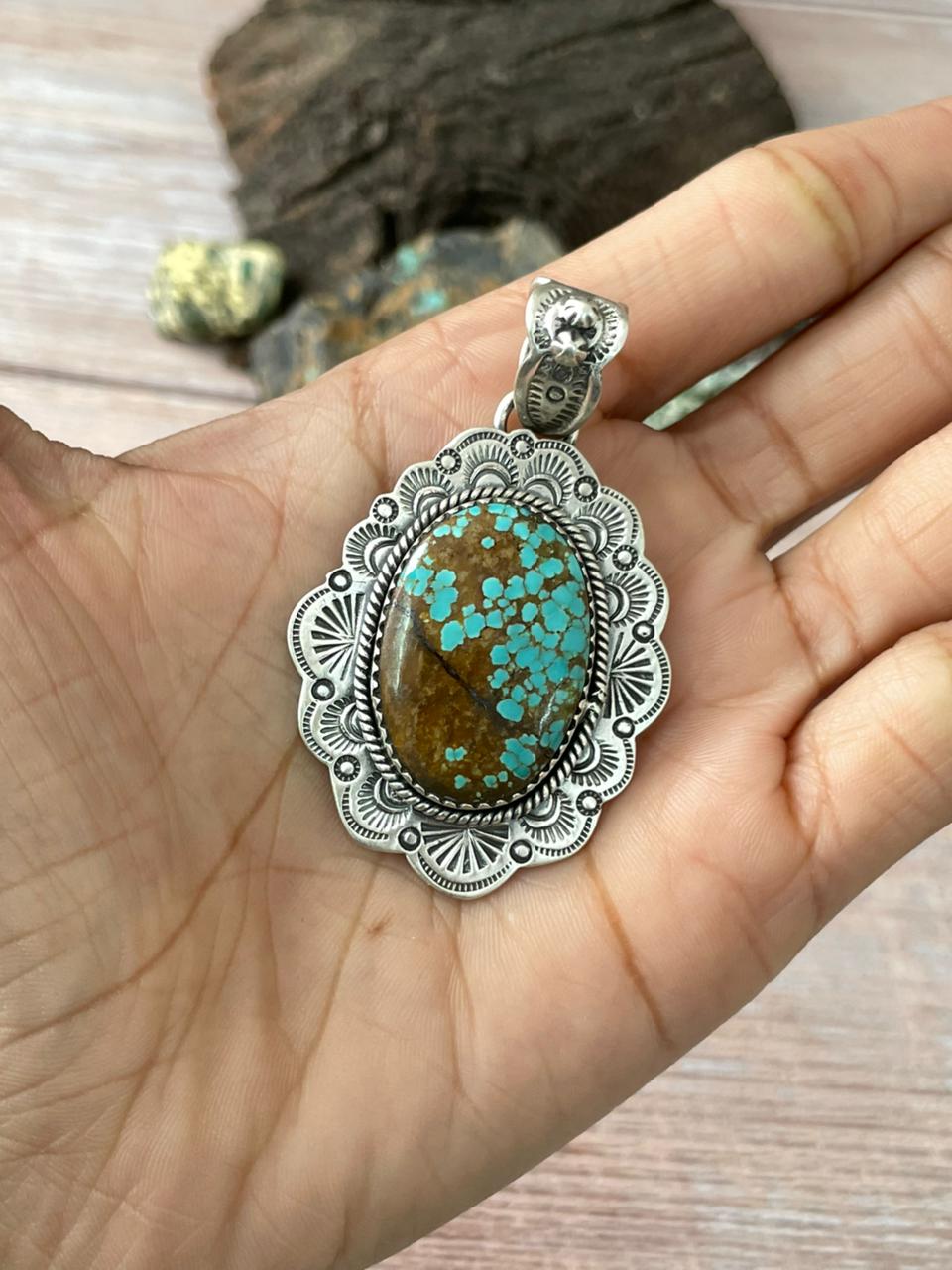 Handmade Sterling Silver Number 8 Turquoise Pendant "Signed Nizhoni" Nizhoni Traders LLC