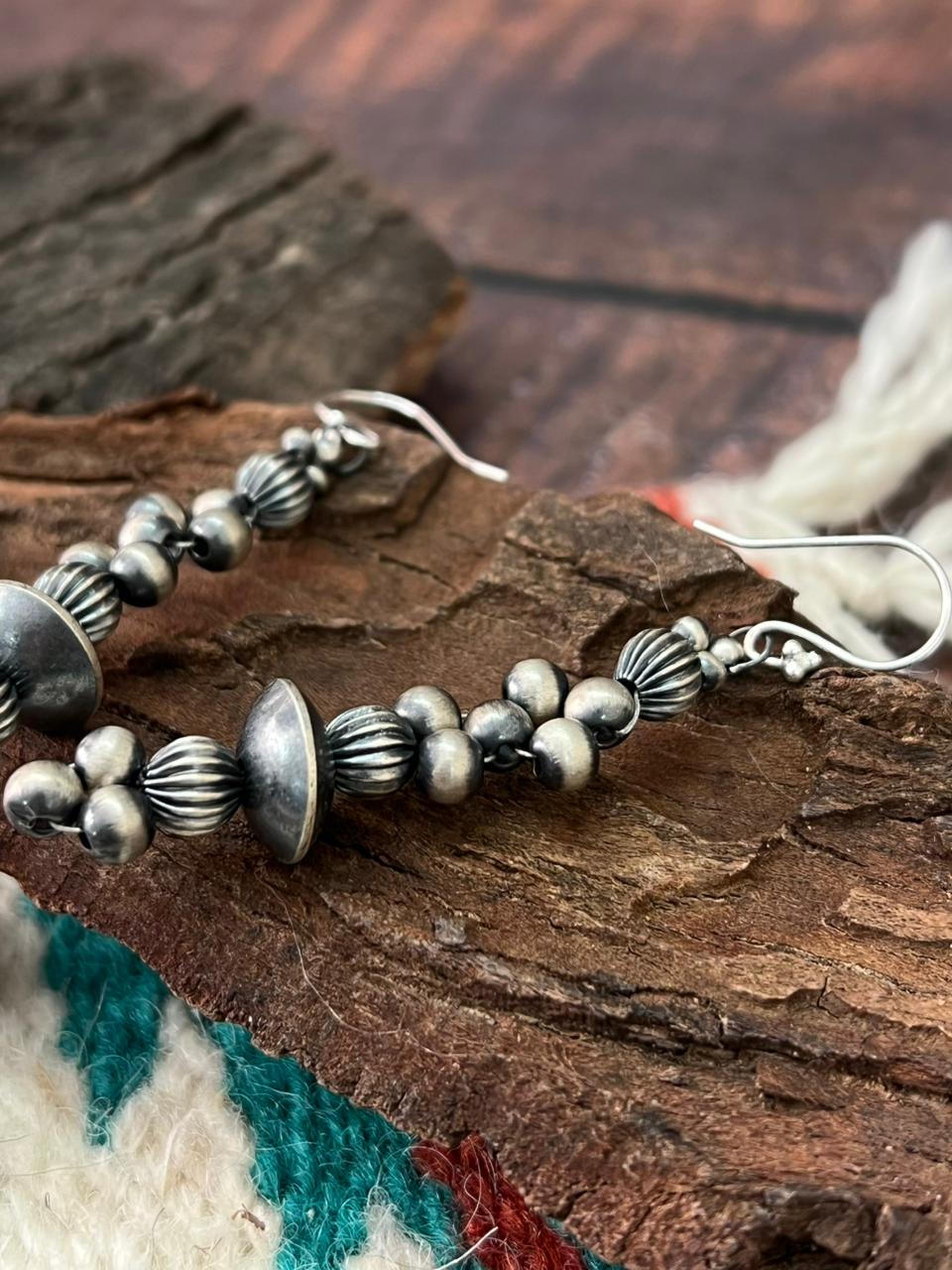 Handmade Sterling Silver Beaded Dangle Hook Earrings (9) Nizhoni Traders LLC