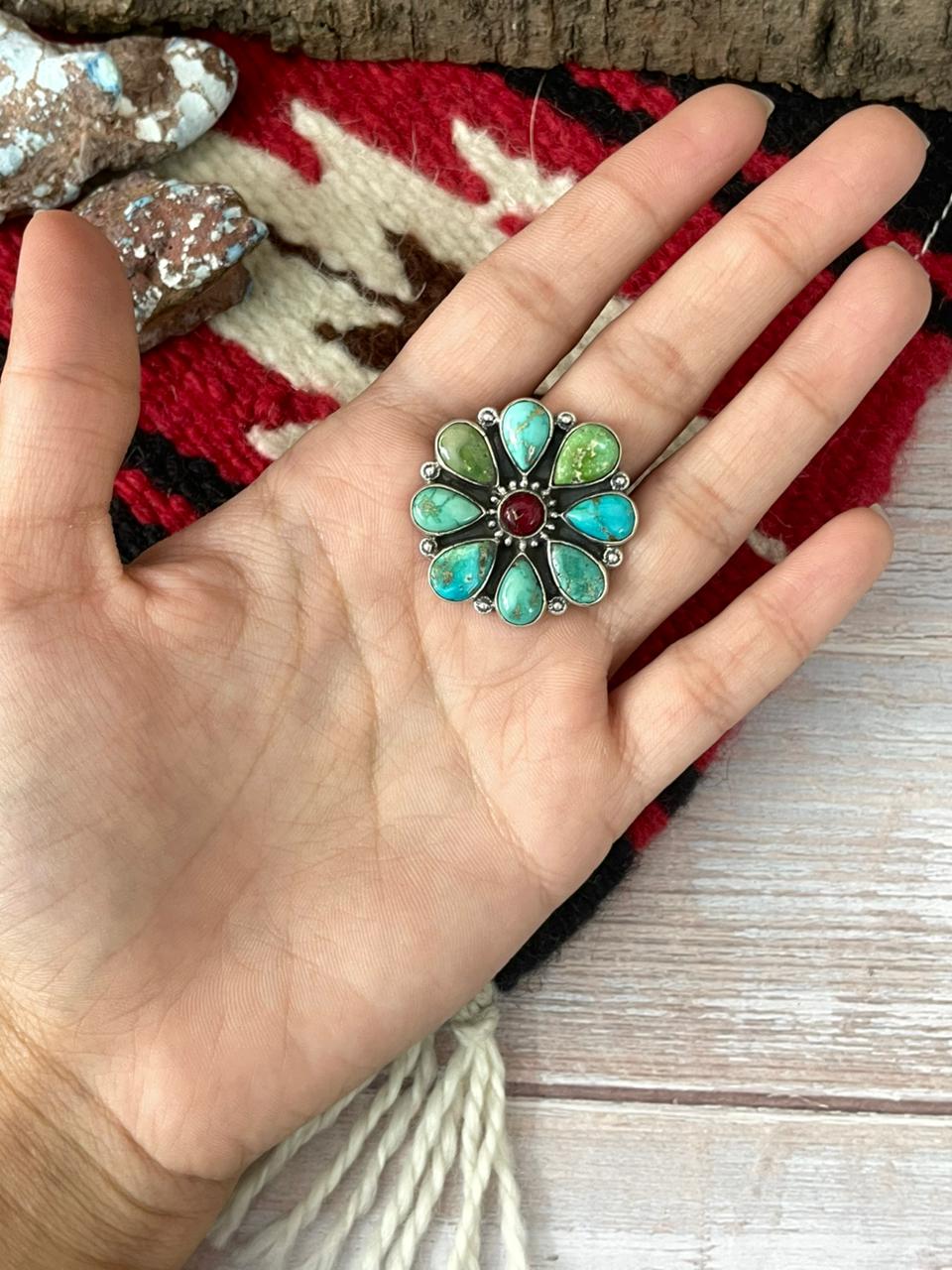 Handmade Sterling Silver Dahlia Rose With Emerald Valley Turquoise Ring "Signed Nizhoni" Nizhoni Traders LLC