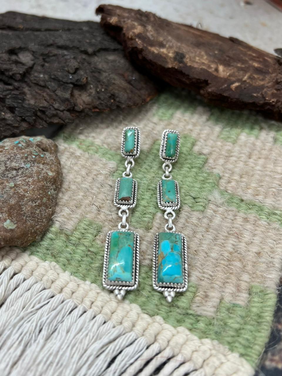 Handmade Sterling Silver Kingman Turquoise Post Earrings "Signed Nizhoni" Nizhoni Traders LLC