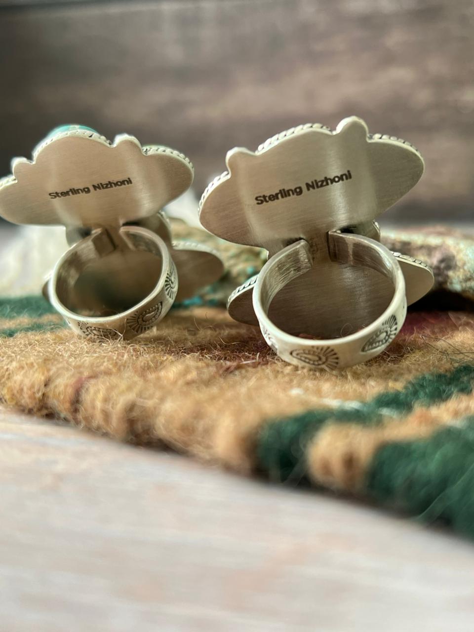 Handmade Sterling Silver Mantis Turquoise Adjustable Ring With Signed Nizhoni Nizhoni Traders LLC