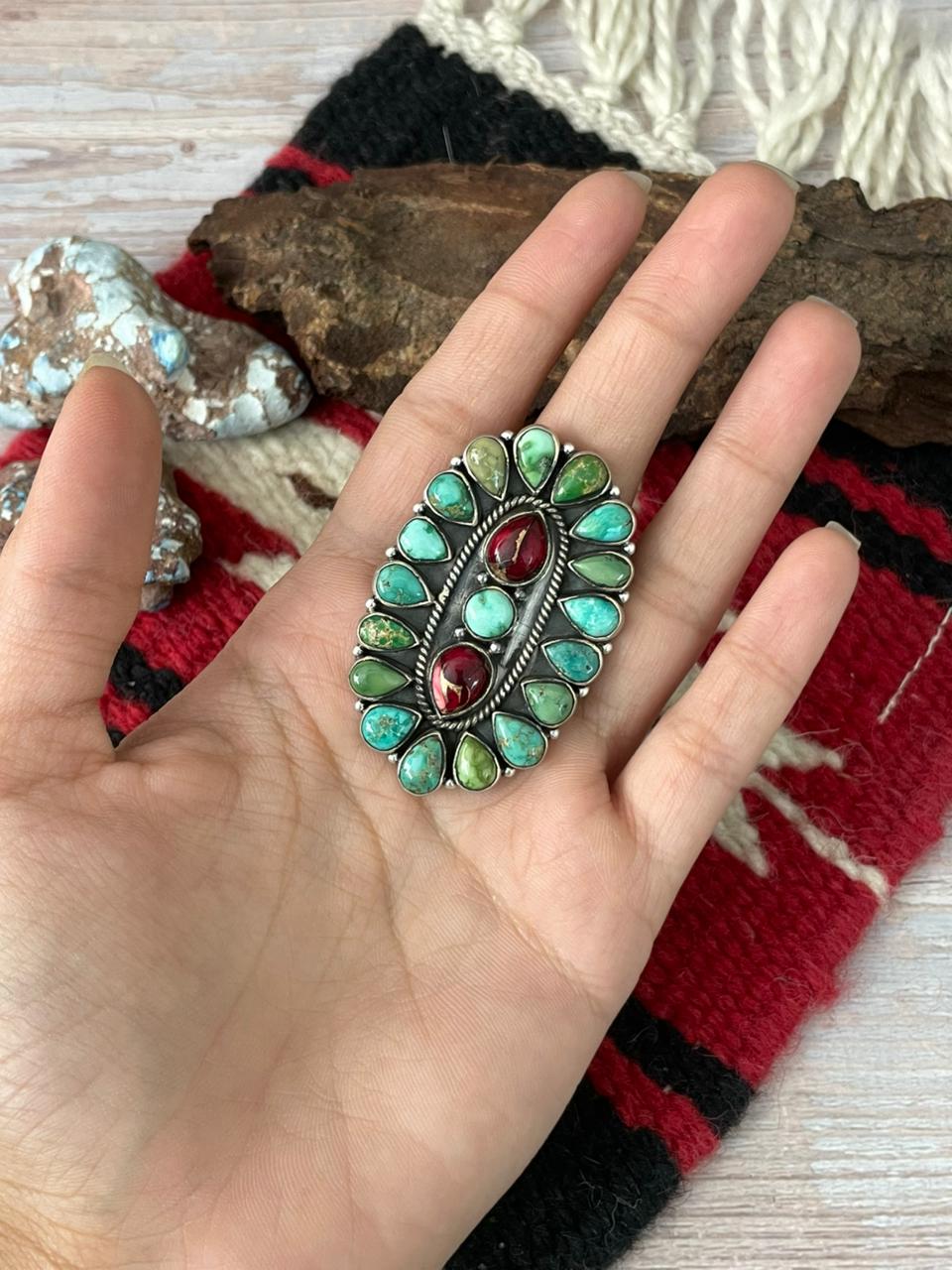 Handmade Sterling Silver Dahlia Rose With Emerald Valley Turquoise Ring "Signed Nizhoni" Nizhoni Traders LLC