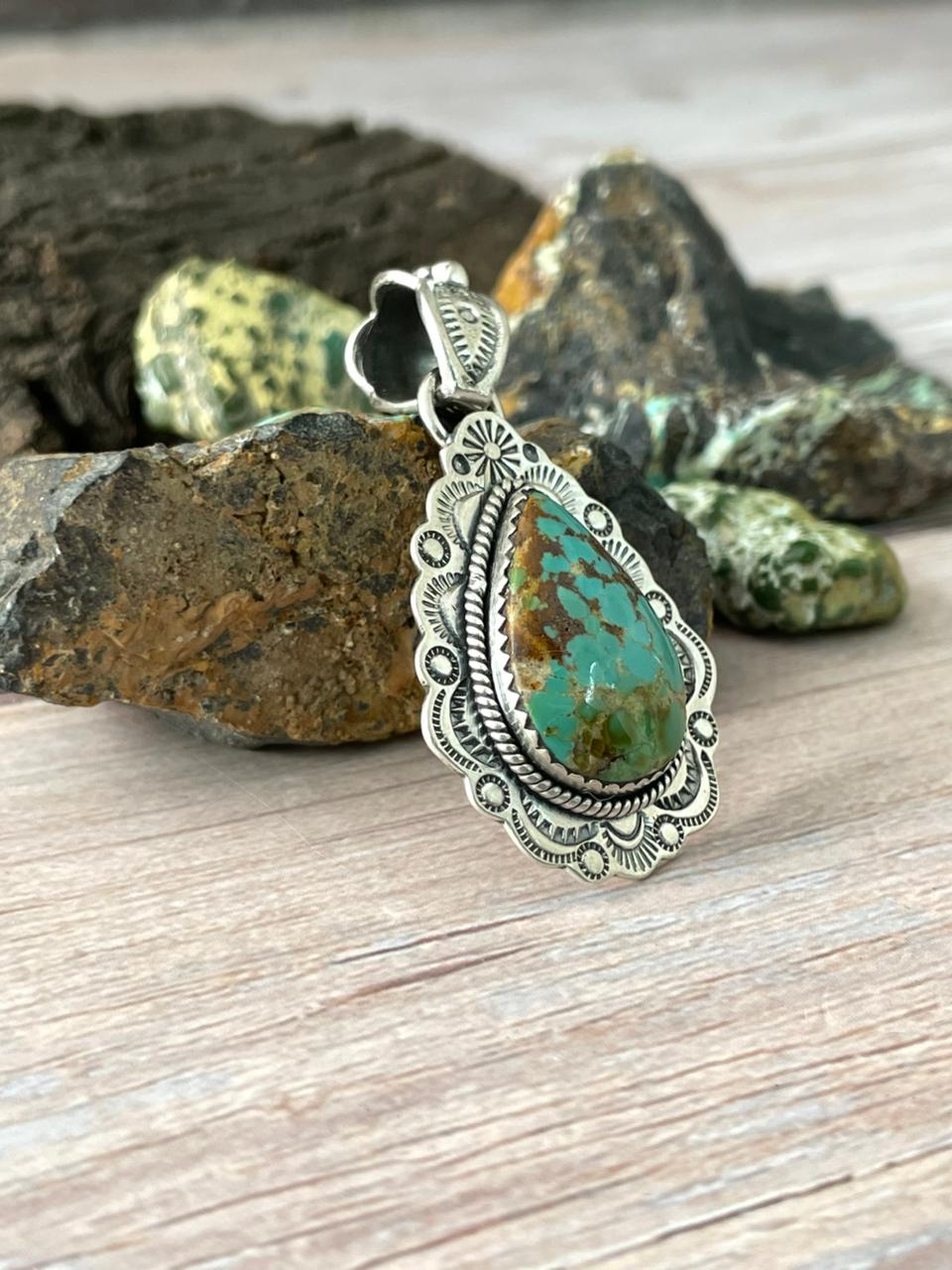 Handmade Sterling Silver Mantis Turquoise Pendant " Signed Nizhoni" Nizhoni Traders LLC
