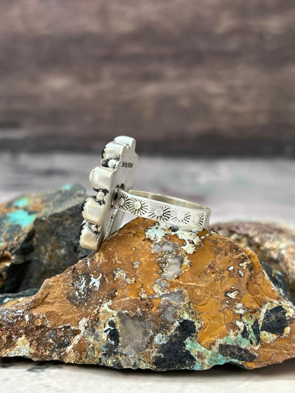 Handmade Sterling Silver White Buffalo Turquoise Naja Adjustable Ring "Signed Nizhoni" Nizhoni Traders LLC