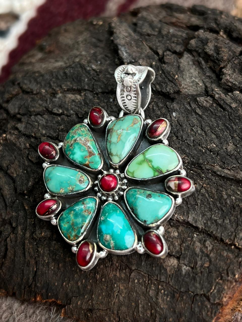 Handmade Sterling Silver Dahlia Rose with Emerald Valley Turquoise Pendant "Signed Nizhoni" Nizhoni Traders LLC