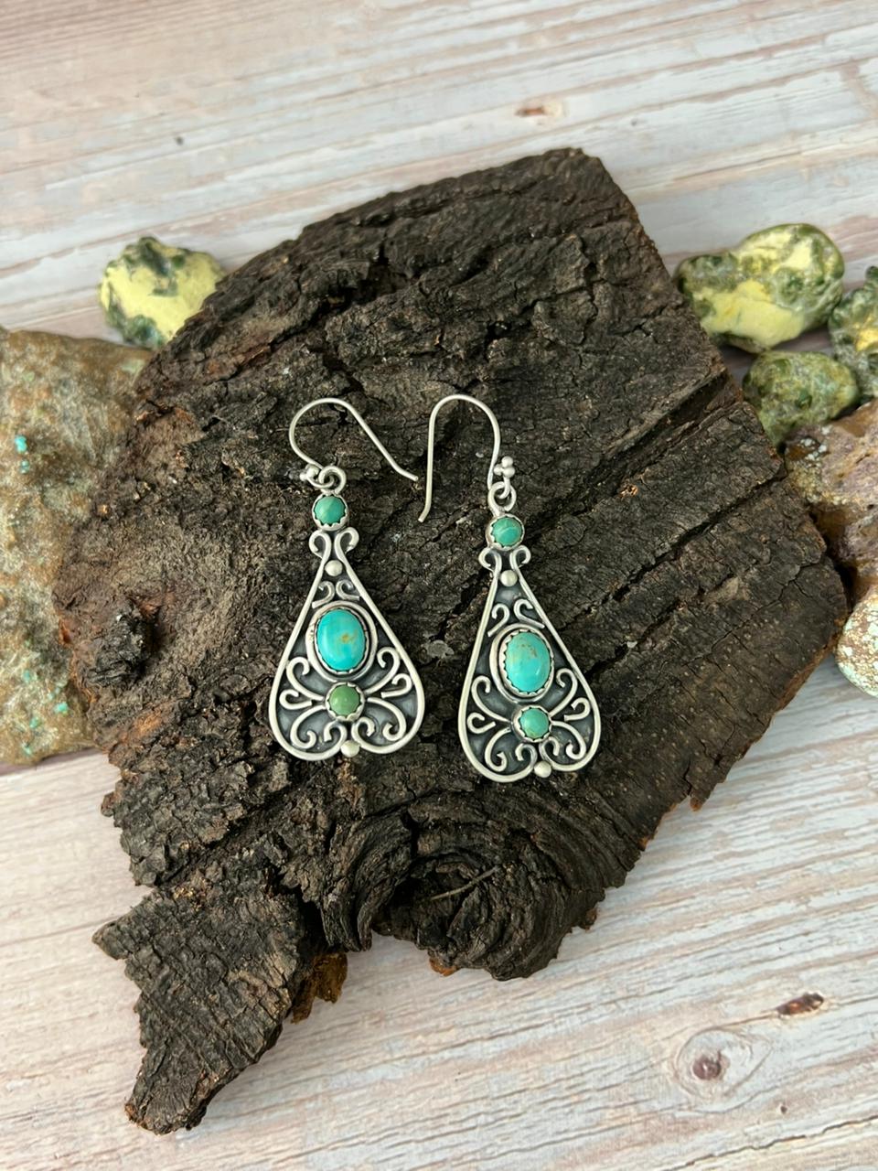 Handmade Sterling Silver Kingman Turquoise Hook Dangle Earrings with Signed Nizhoni Nizhoni Traders LLC