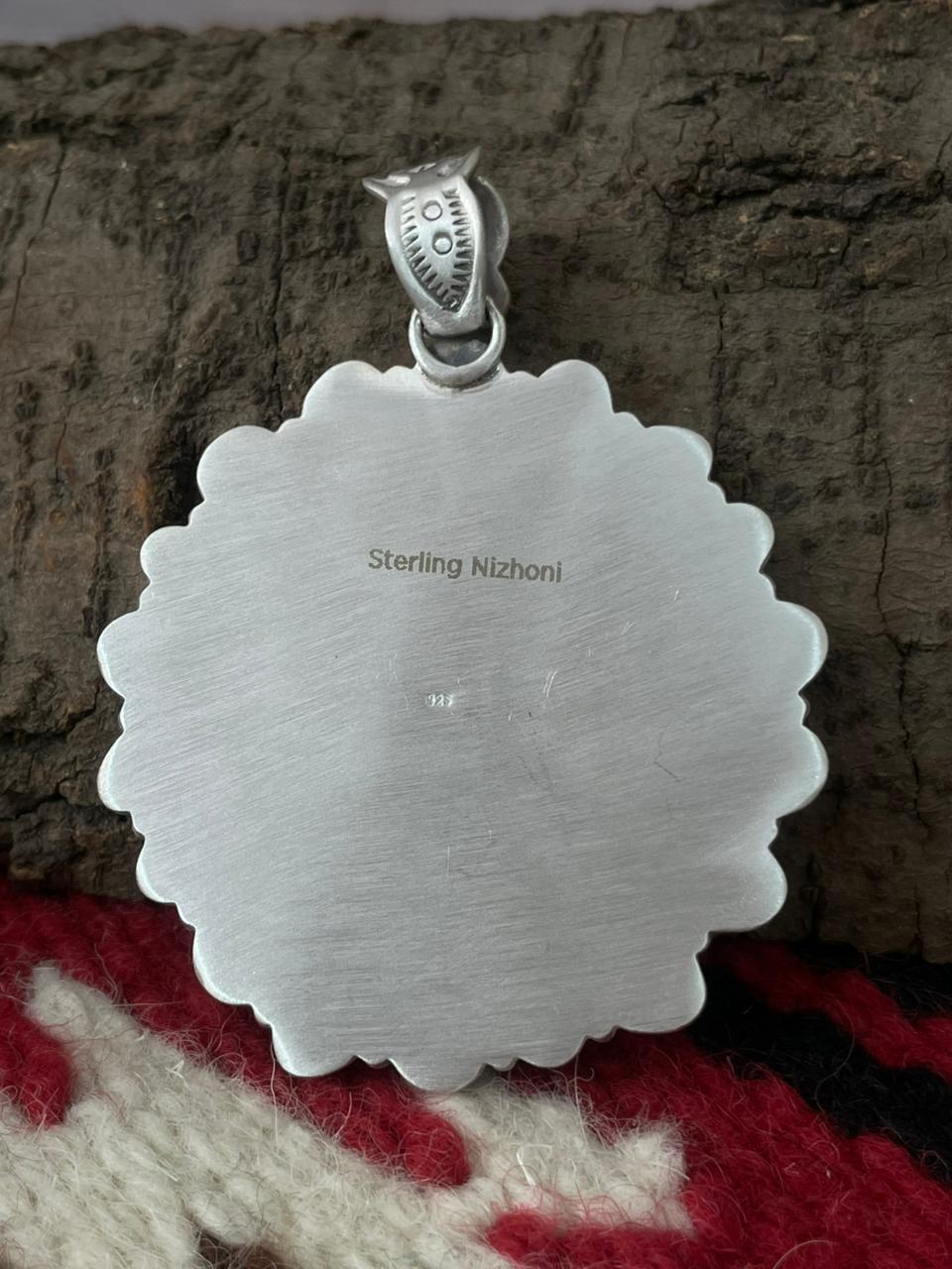 Handmade Sterling Silver Dahlia Rose with Emerald Valley Turquoise Pendant "Signed Nizhoni" Nizhoni Traders LLC