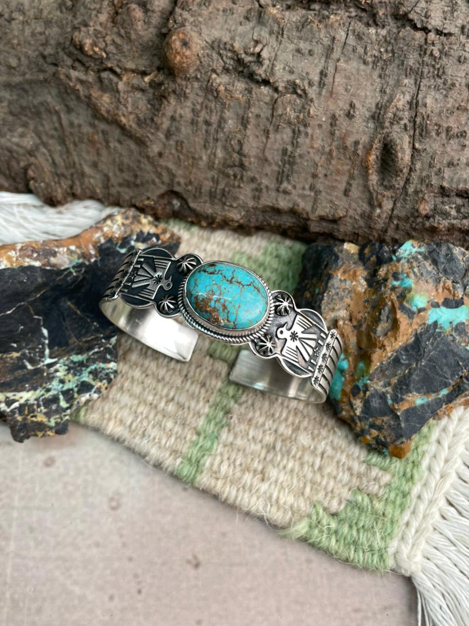 Handmade Sterling Silver Kingman Turquoise Thunderbird Cuff Bracelet "Signed Nizhoni" Nizhoni Traders LLC
