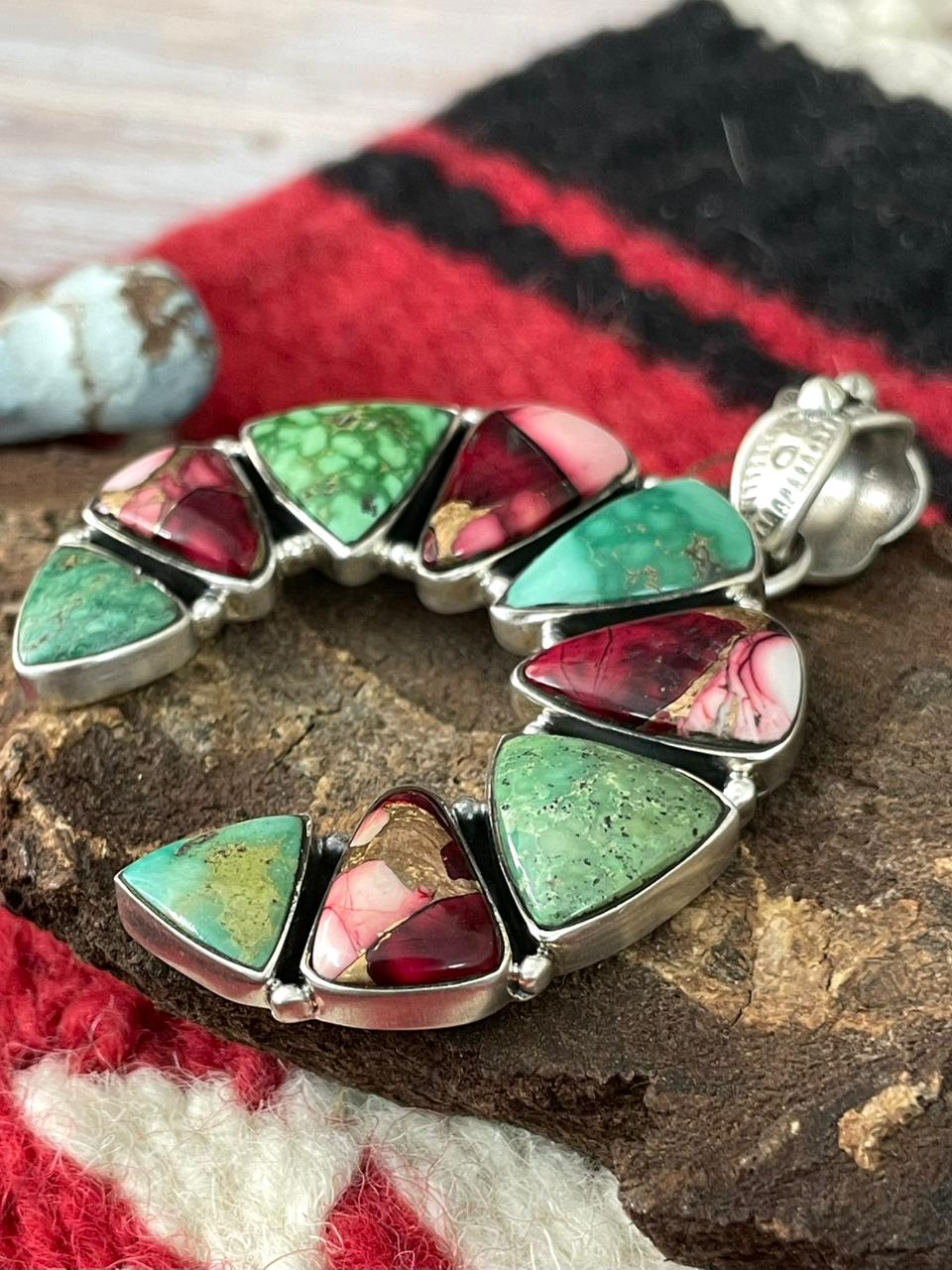 Handmade Sterling Silver Dahlia Rose with Emerald Valley Turquoise Pendant "Signed Nizhoni" Nizhoni Traders LLC