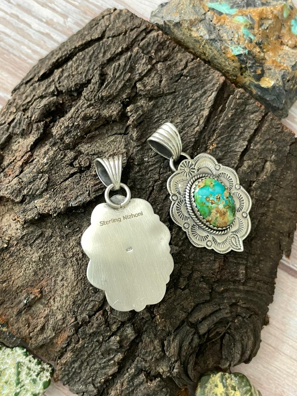 Handmade Sterling Silver Sonoran Mountain Turquoise, Golden Hills Turquoise Pendant " Signed Nizhoni" Nizhoni Traders LLC