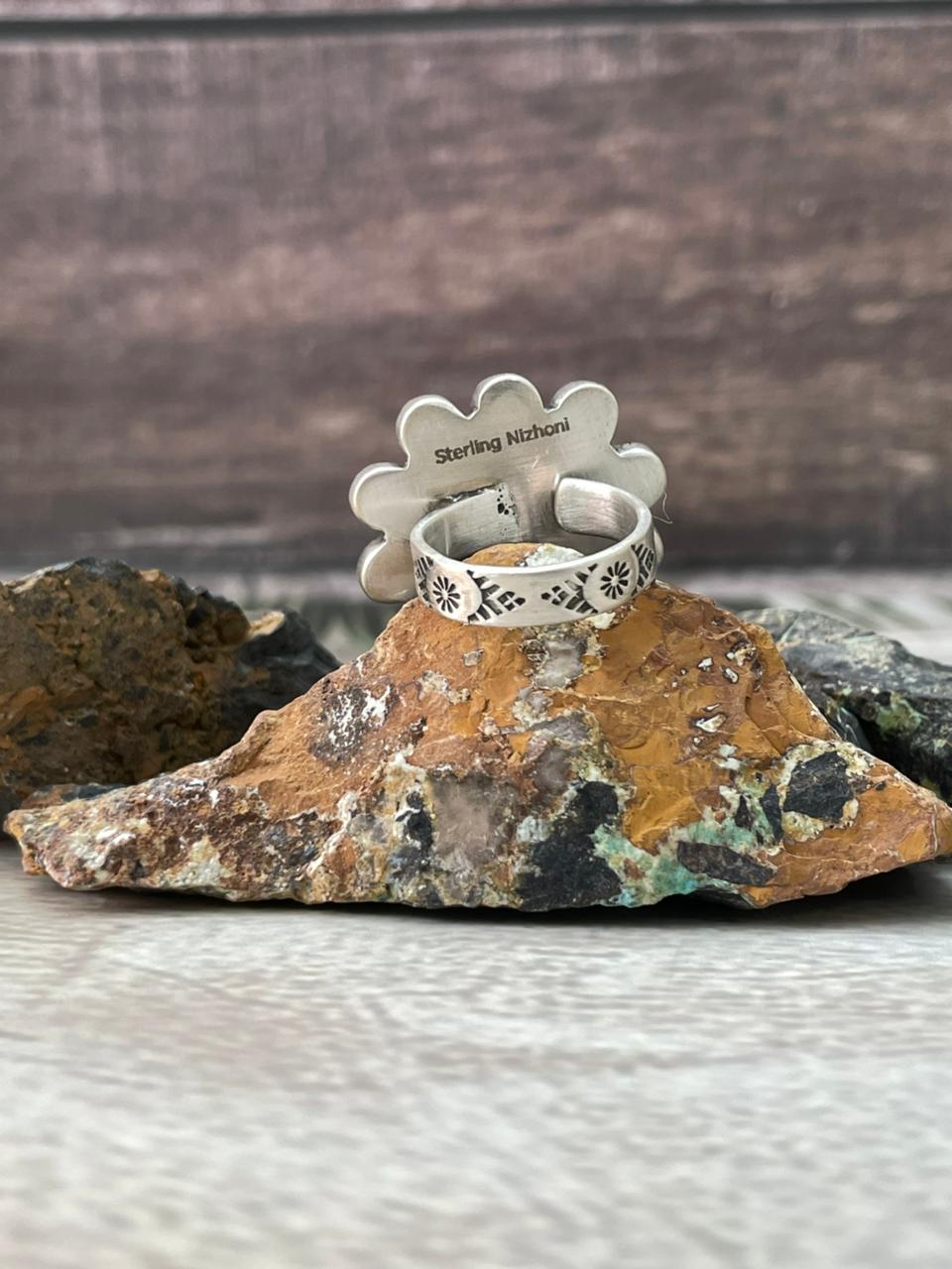 Handmade Sterling Silver Cherry Blossom Adjustable Ring "Signed Nizhoni" Nizhoni Traders LLC