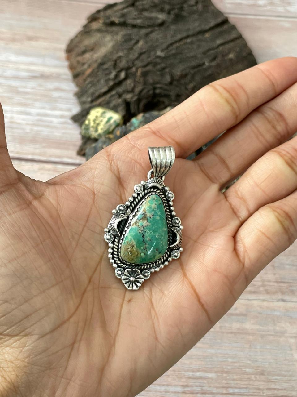 Handmade Sterling Silver Mantis Turquoise Pendant " Signed Nizhoni" Nizhoni Traders LLC