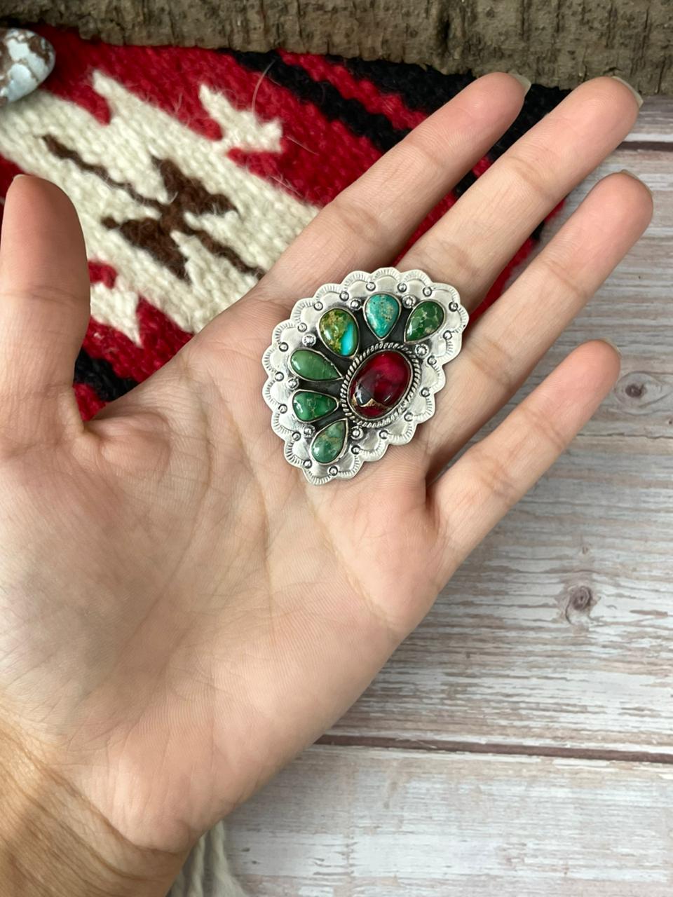 Handmade Sterling Silver Dahlia Rose With Emerald Valley Turquoise Ring "Signed Nizhoni" Nizhoni Traders LLC