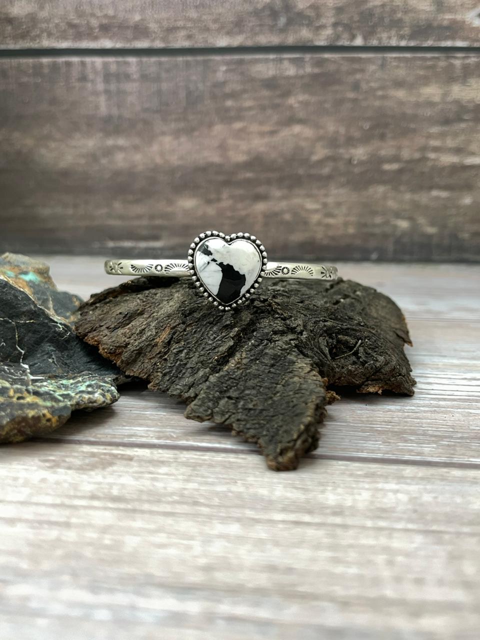 Handmade Sterling Silver White Buffalo Heart Cuff Bracelet "Signed Nizhoni" Nizhoni Traders LLC