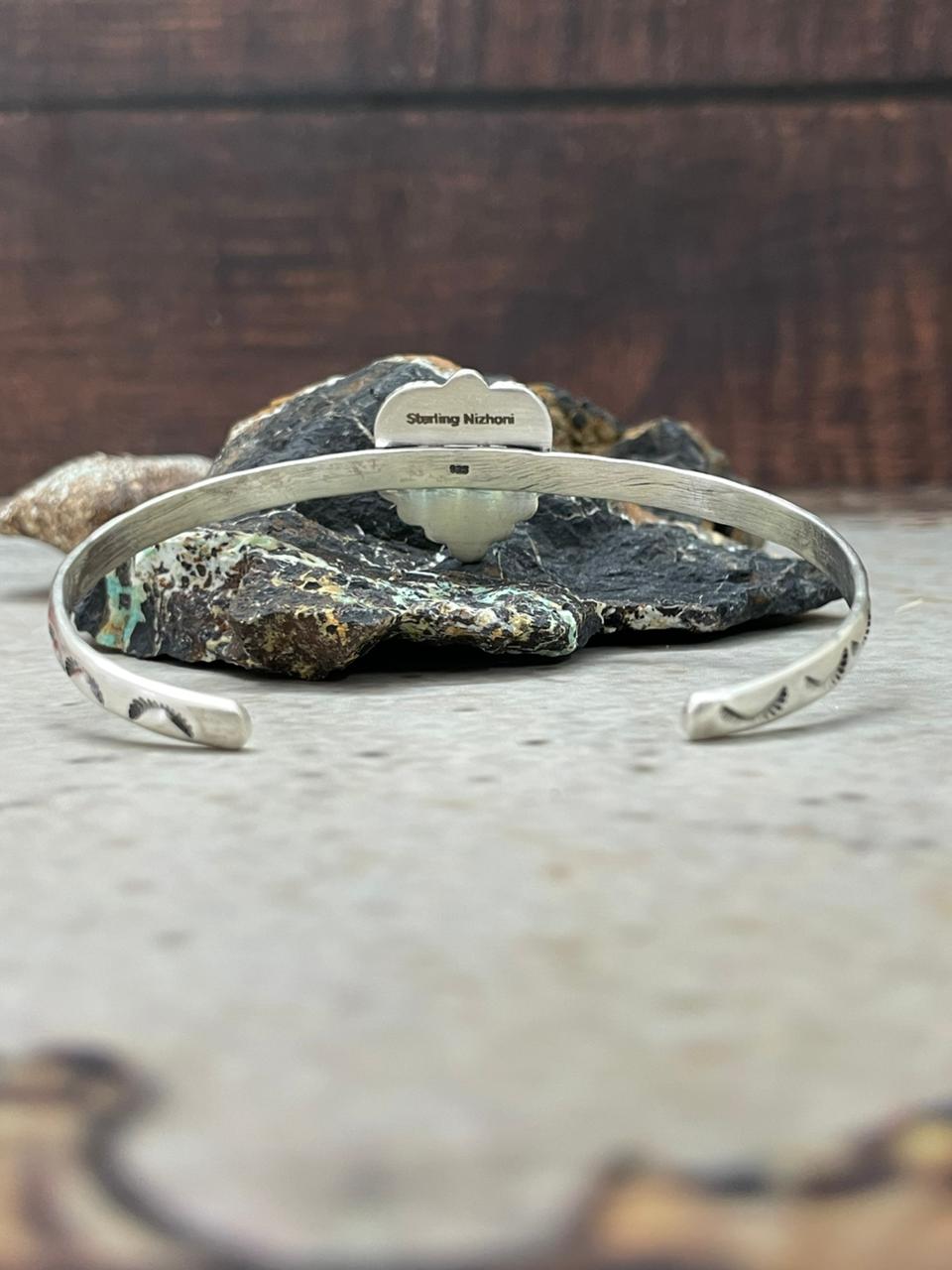 Handmade Sterling Silver Blackjack Turquoise Heart Cuff Bracelet "Signed Nizhoni" Nizhoni Traders LLC