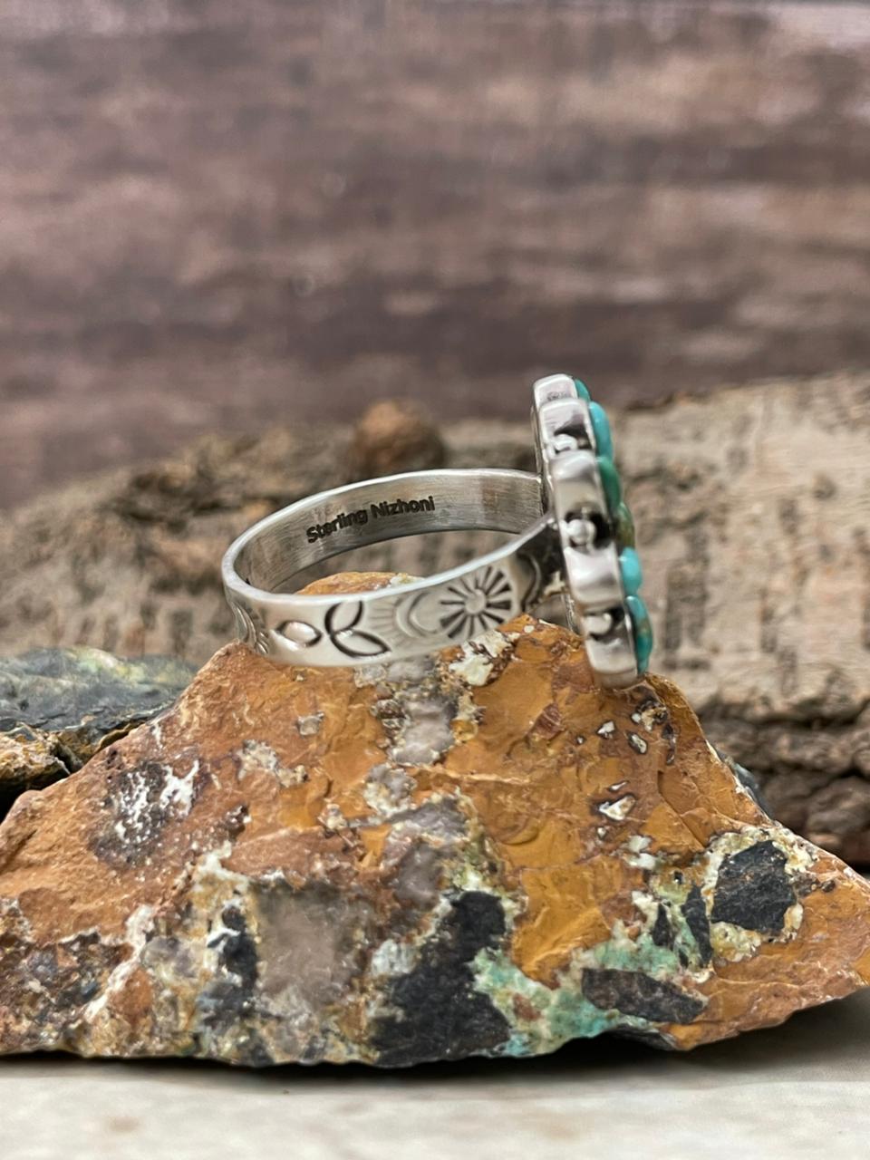 "Heart Collection" Handmade Sterling Silver Kingman Turquoise Adjustable Ring "Signed Nizhoni" Nizhoni Traders LLC