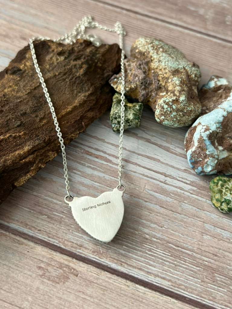 Handmade Sterling Silver Blackjack Turquoise Heart Necklace with Signed Nizhoni (4) Nizhoni Traders LLC