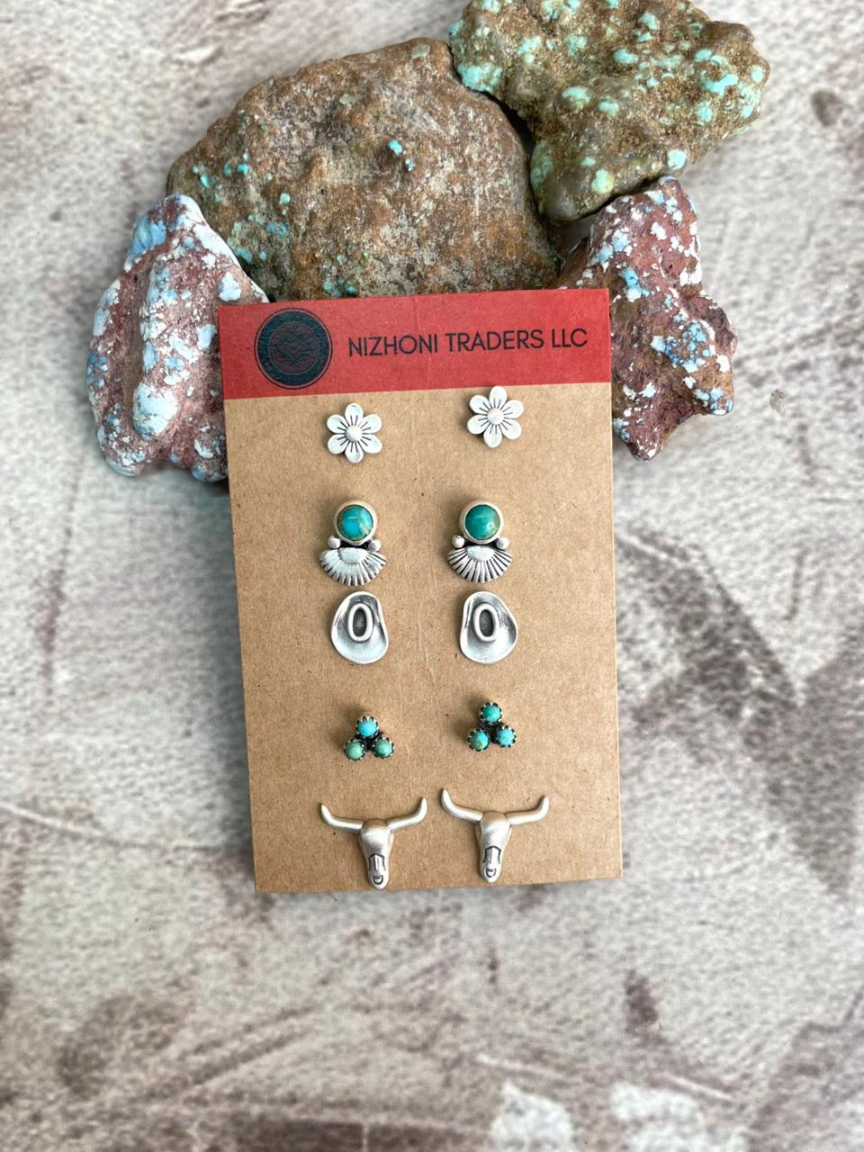 Handmade Sterling Silver Kingman Turquoise Post Studs Set (Card) Earrings Nizhoni Traders LLC