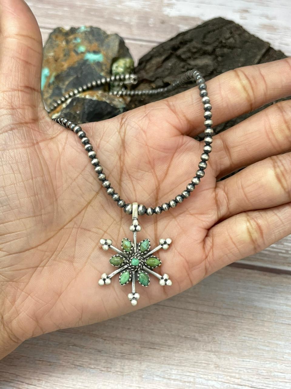 Handmade Sterling Silver Kingman Turquoise Beaded Necklace "Signed Nizhoni" (9) Nizhoni Traders LLC