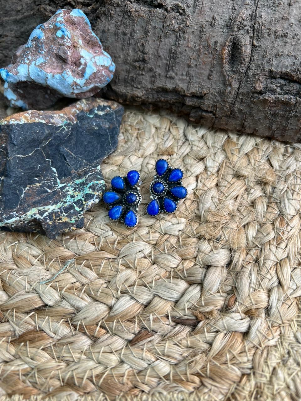 Handmade Sterling Silver Lapis Post Studs Earrings "Signed Nizhoni" Nizhoni Traders LLC