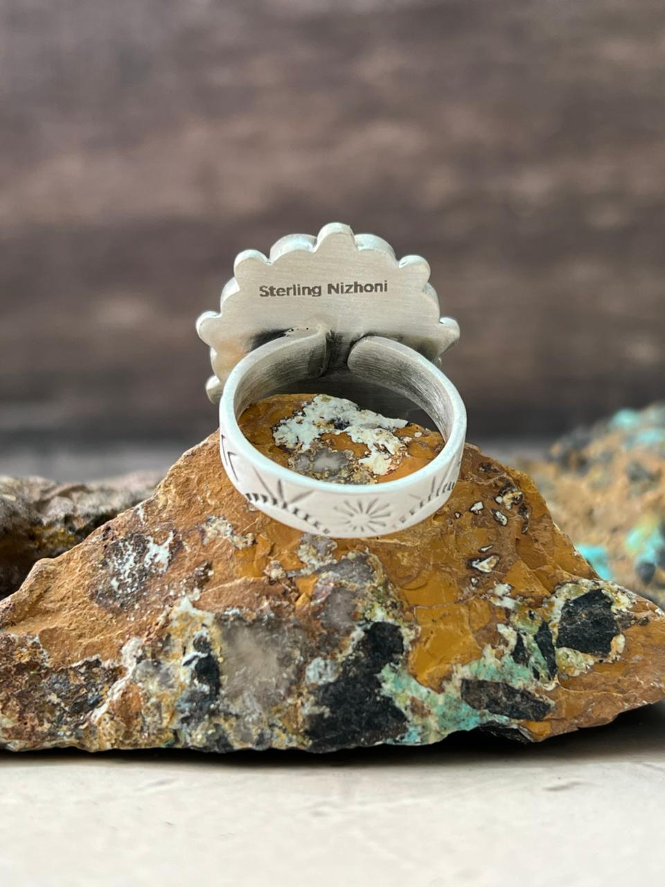 Handmade Sterling Silver White Buffalo Turquoise Adjustable Ring "Signed Nizhoni" Nizhoni Traders LLC