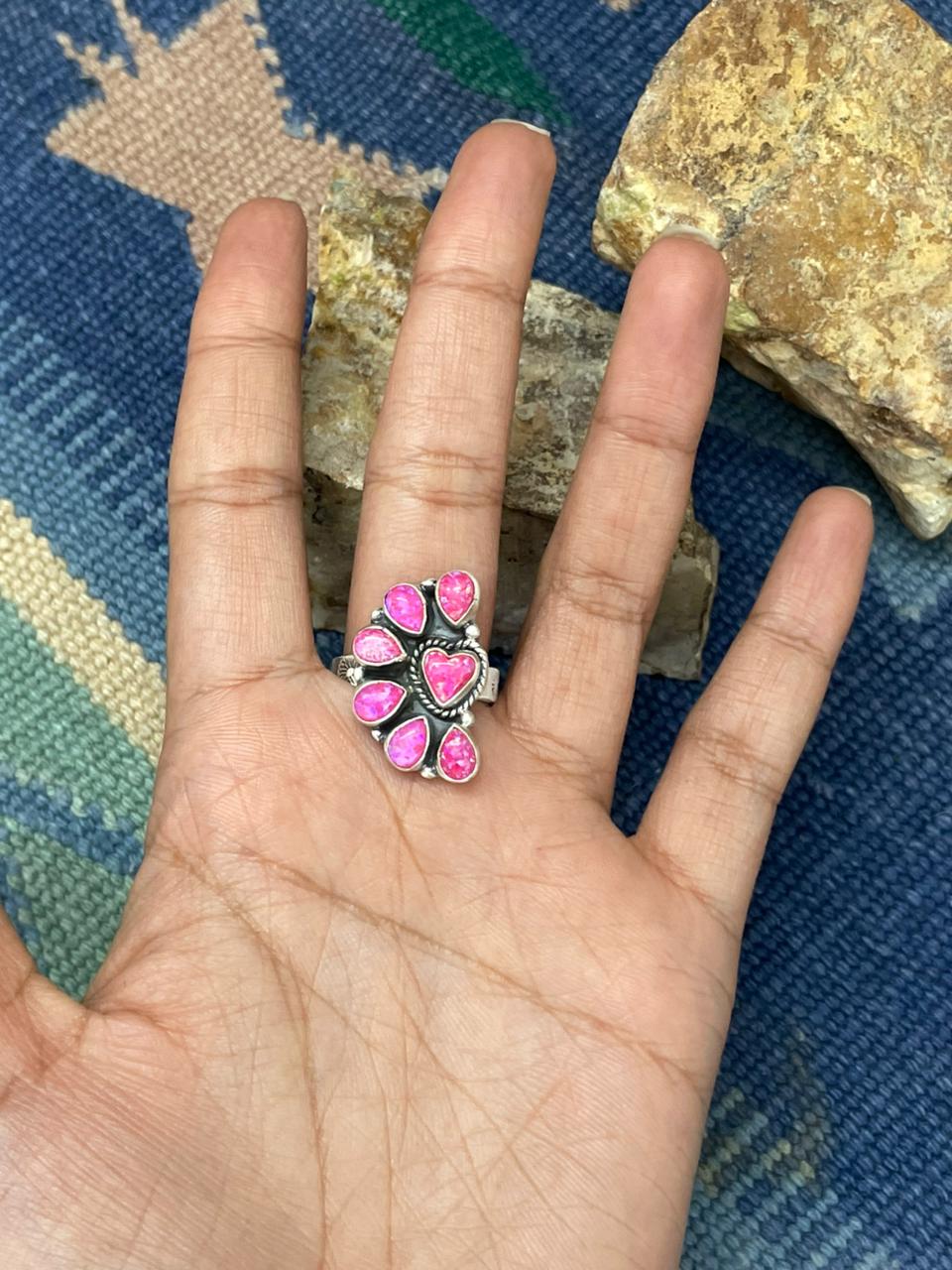 Handmade Sterling Silver Hot Pink Adjustable Ring " Signed Nizhoni" Nizhoni Traders LLC