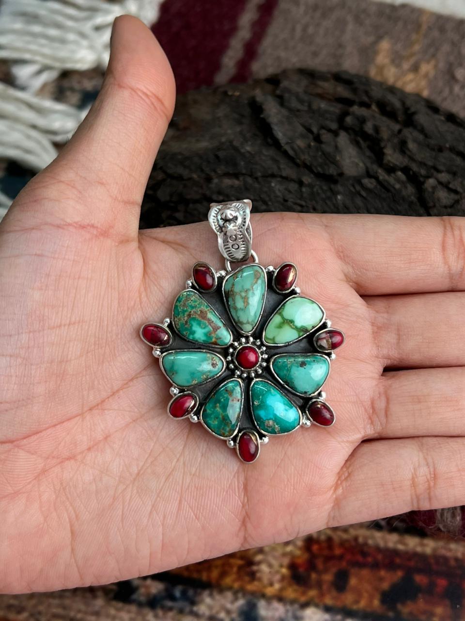 Handmade Sterling Silver Dahlia Rose with Emerald Valley Turquoise Pendant "Signed Nizhoni" Nizhoni Traders LLC