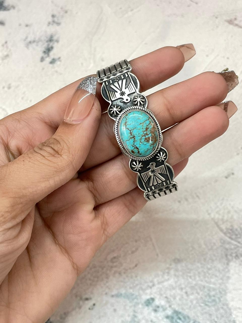 Handmade Sterling Silver Kingman Turquoise Thunderbird Cuff Bracelet "Signed Nizhoni" Nizhoni Traders LLC