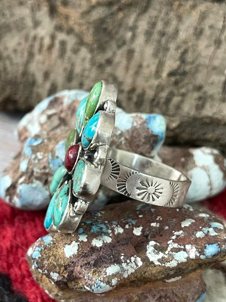 Handmade Sterling Silver Dahlia Rose With Emerald Valley Turquoise Ring "Signed Nizhoni" Nizhoni Traders LLC