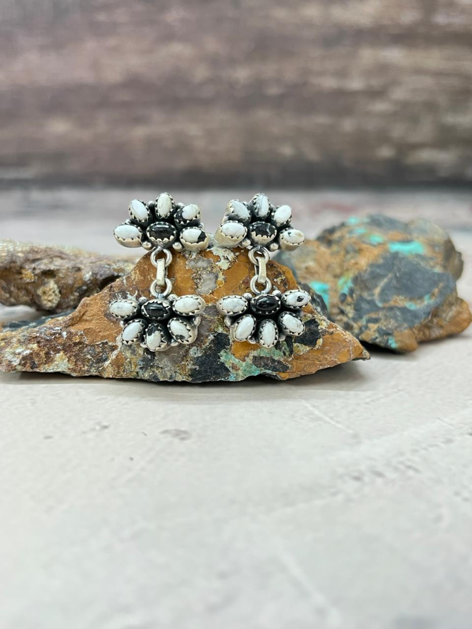 Handmade Sterling Silver White Buffalo Post Earrings "Signed Nizhoni" Nizhoni Traders LLC