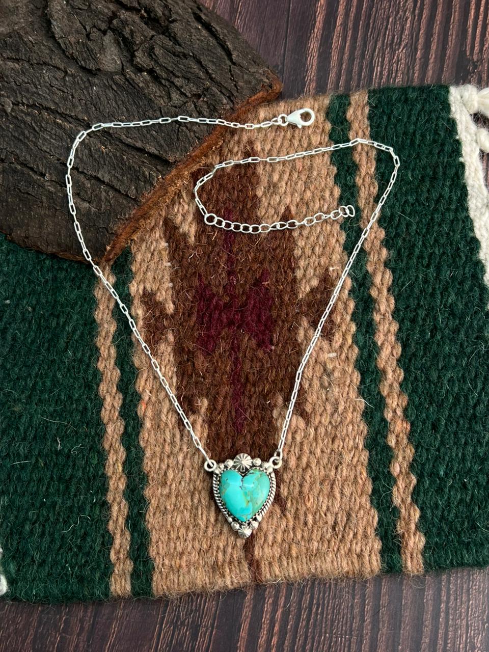 "Heart Collection" Handmade Sterling Silver Kingman Turquoise Necklace "Signed Nizhoni" Nizhoni Traders LLC