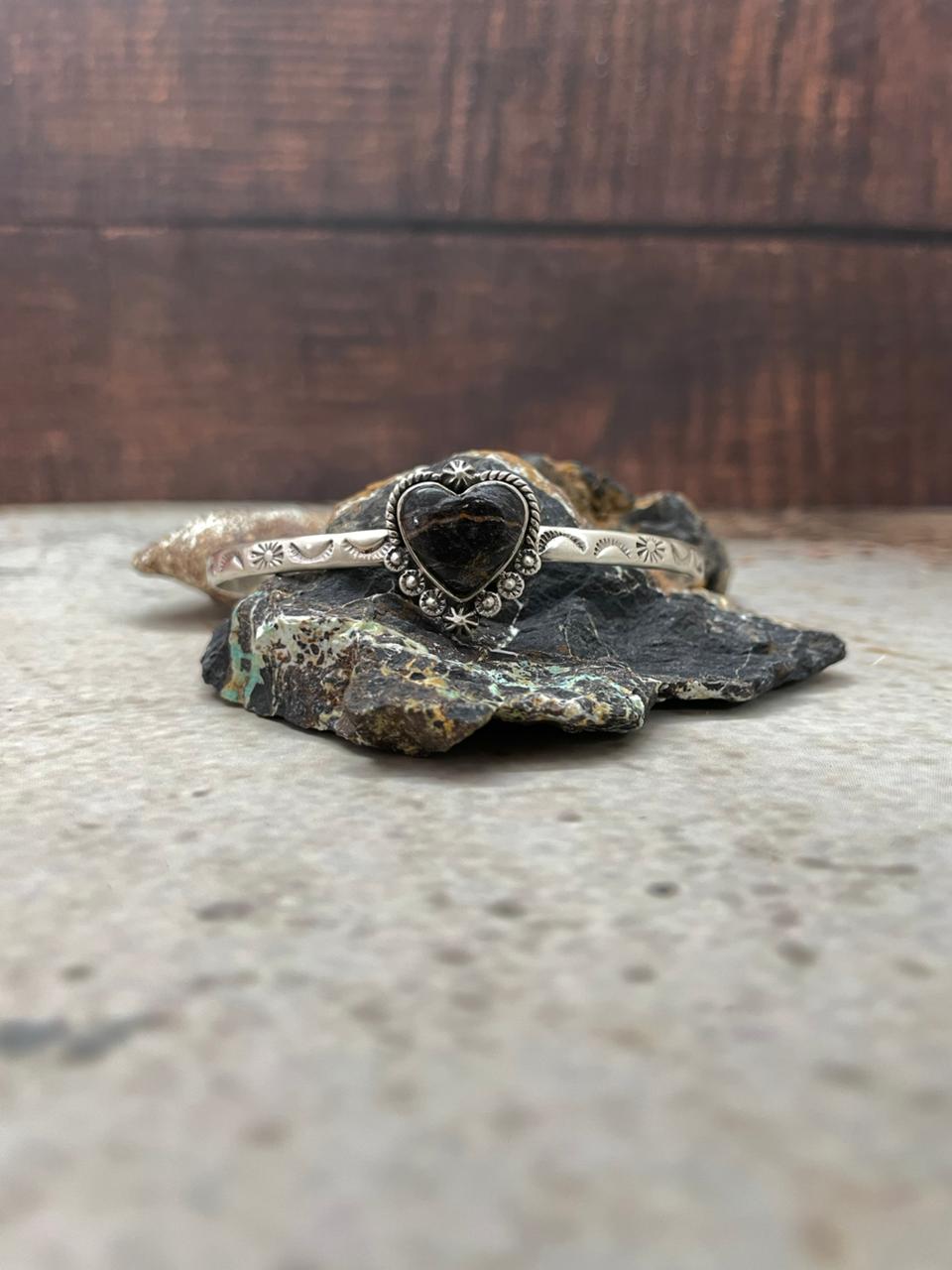 Handmade Sterling Silver Blackjack Turquoise Heart Cuff Bracelet "Signed Nizhoni" Nizhoni Traders LLC