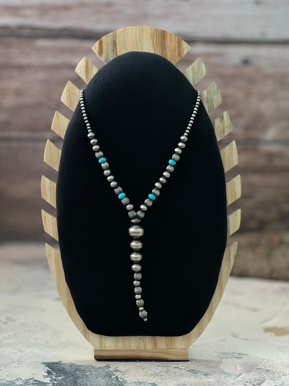 Handmade Sterling Silver Beaded Kingman Turquoise Necklace "Signed Nizhoni" Nizhoni Traders LLC