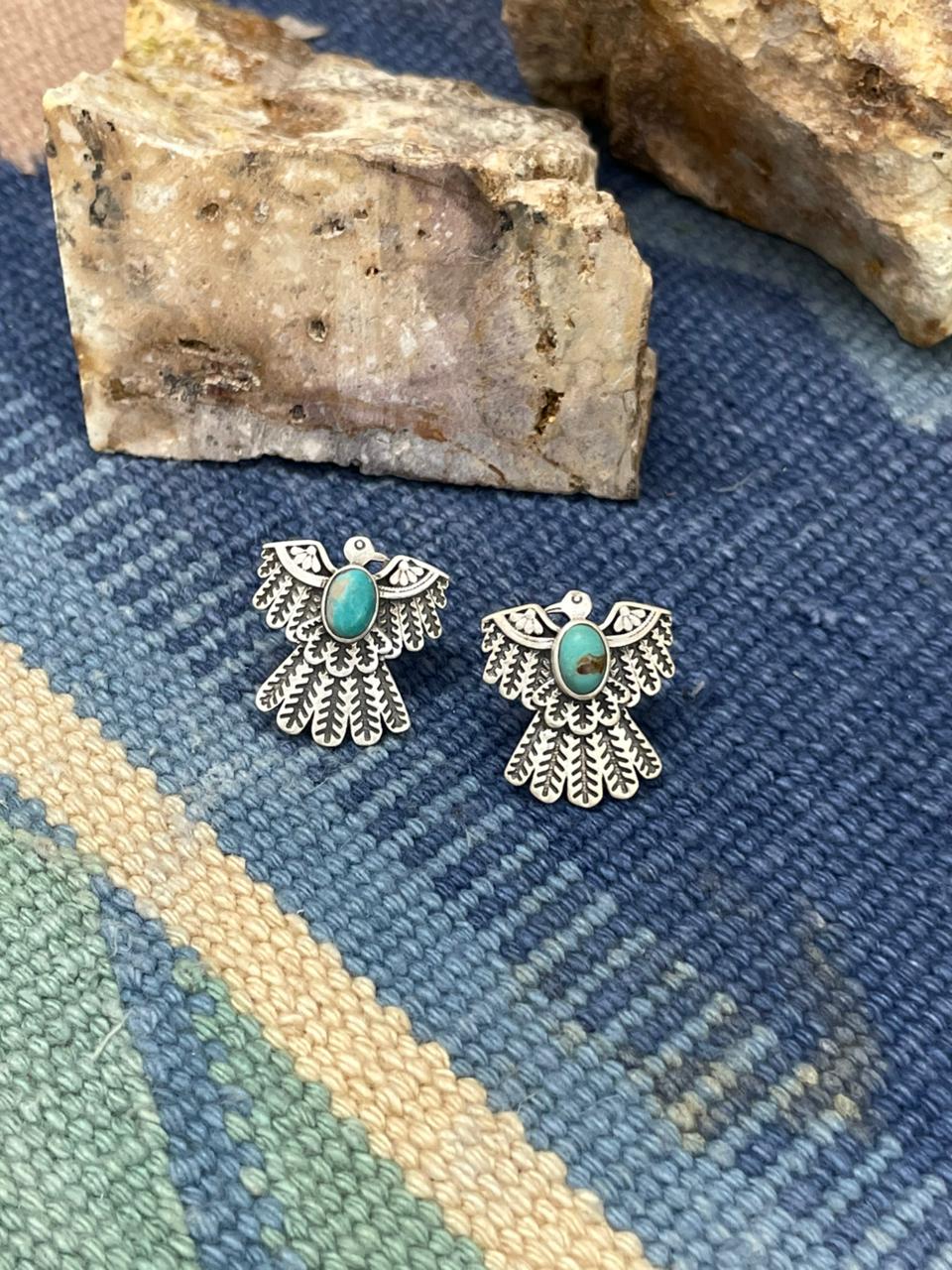Handmade Sterling Silver Kingman Turquoise Thunder Bird Post Earrings "Signed Nizhoni" Nizhoni Traders LLC