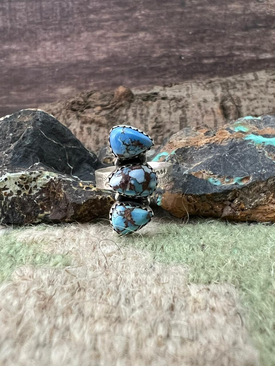 Handmade Sterling Silver Golden Hills Turquoise Adjustable Ring "Signed Nizhoni" Nizhoni Traders LLC