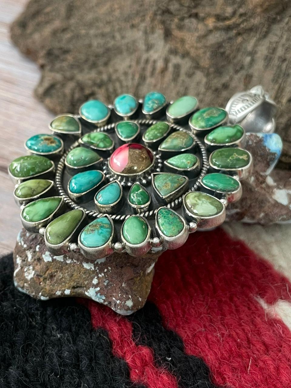 Handmade Sterling Silver Dahlia Rose with Emerald Valley Turquoise Pendant "Signed Nizhoni" Nizhoni Traders LLC