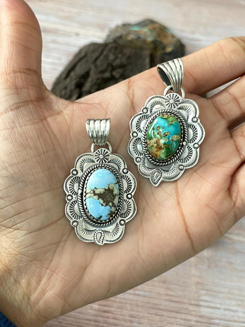 Handmade Sterling Silver Sonoran Mountain Turquoise, Golden Hills Turquoise Pendant " Signed Nizhoni" Nizhoni Traders LLC