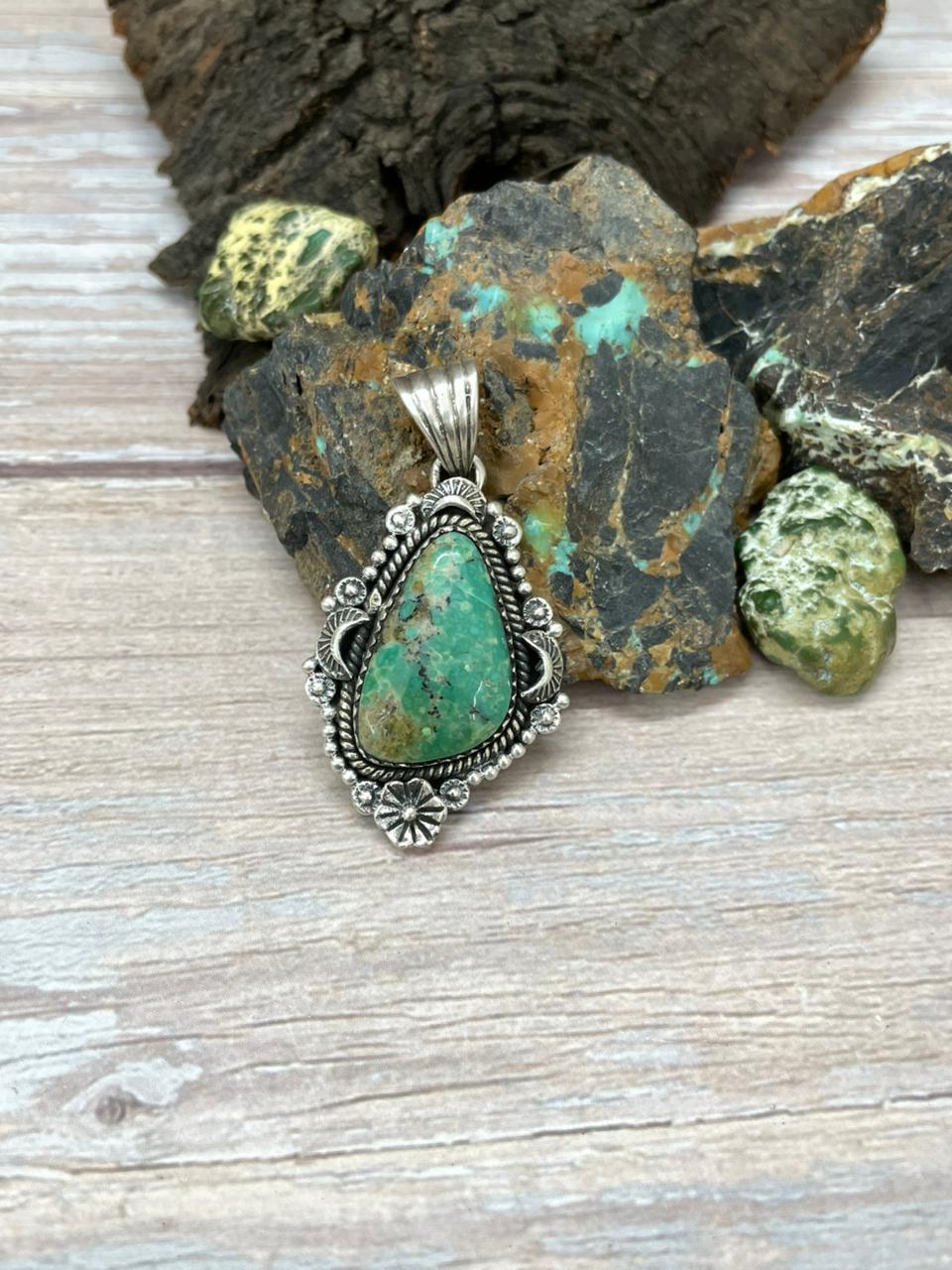 Handmade Sterling Silver Mantis Turquoise Pendant " Signed Nizhoni" Nizhoni Traders LLC