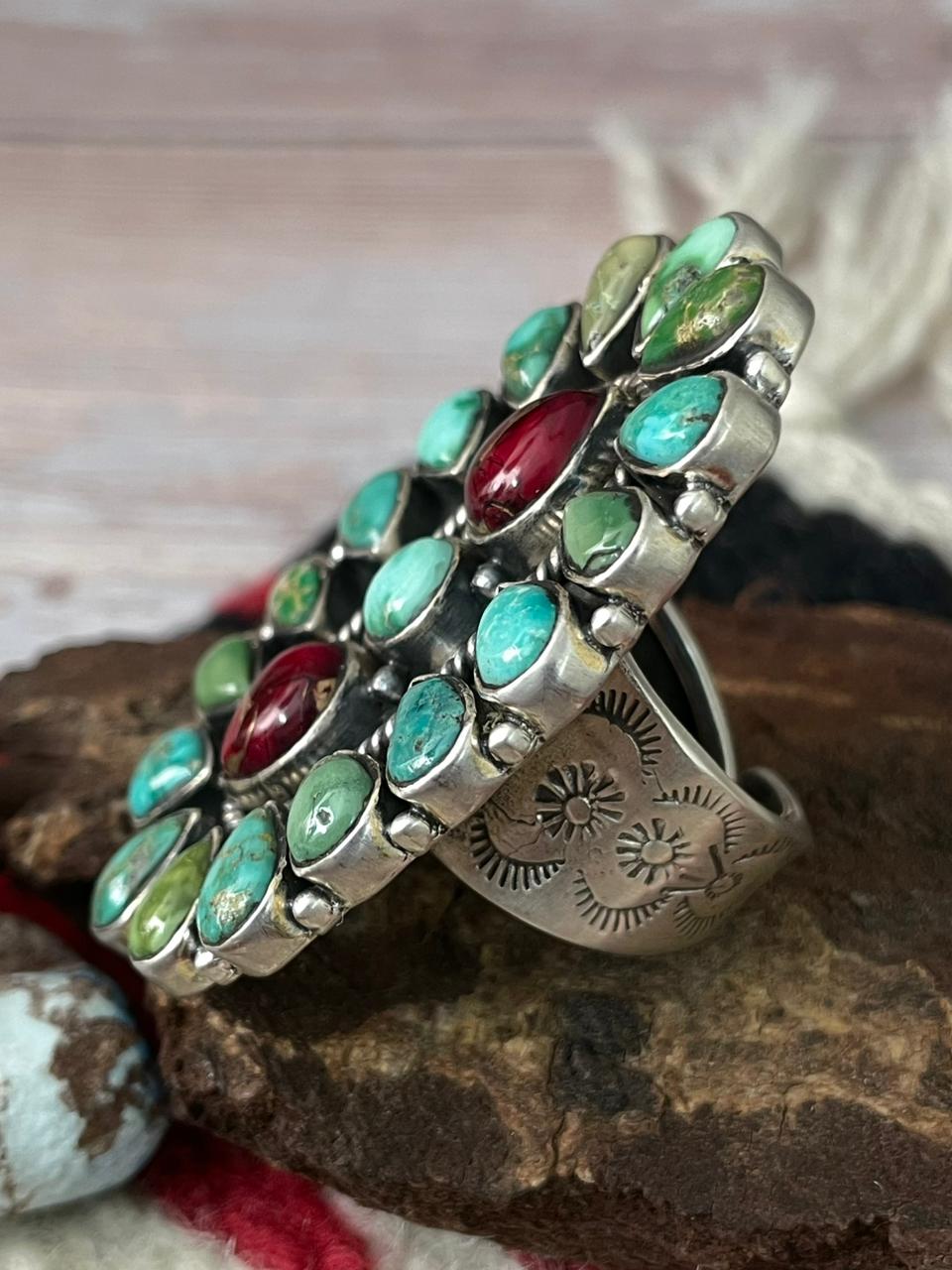 Handmade Sterling Silver Dahlia Rose With Emerald Valley Turquoise Ring "Signed Nizhoni" Nizhoni Traders LLC